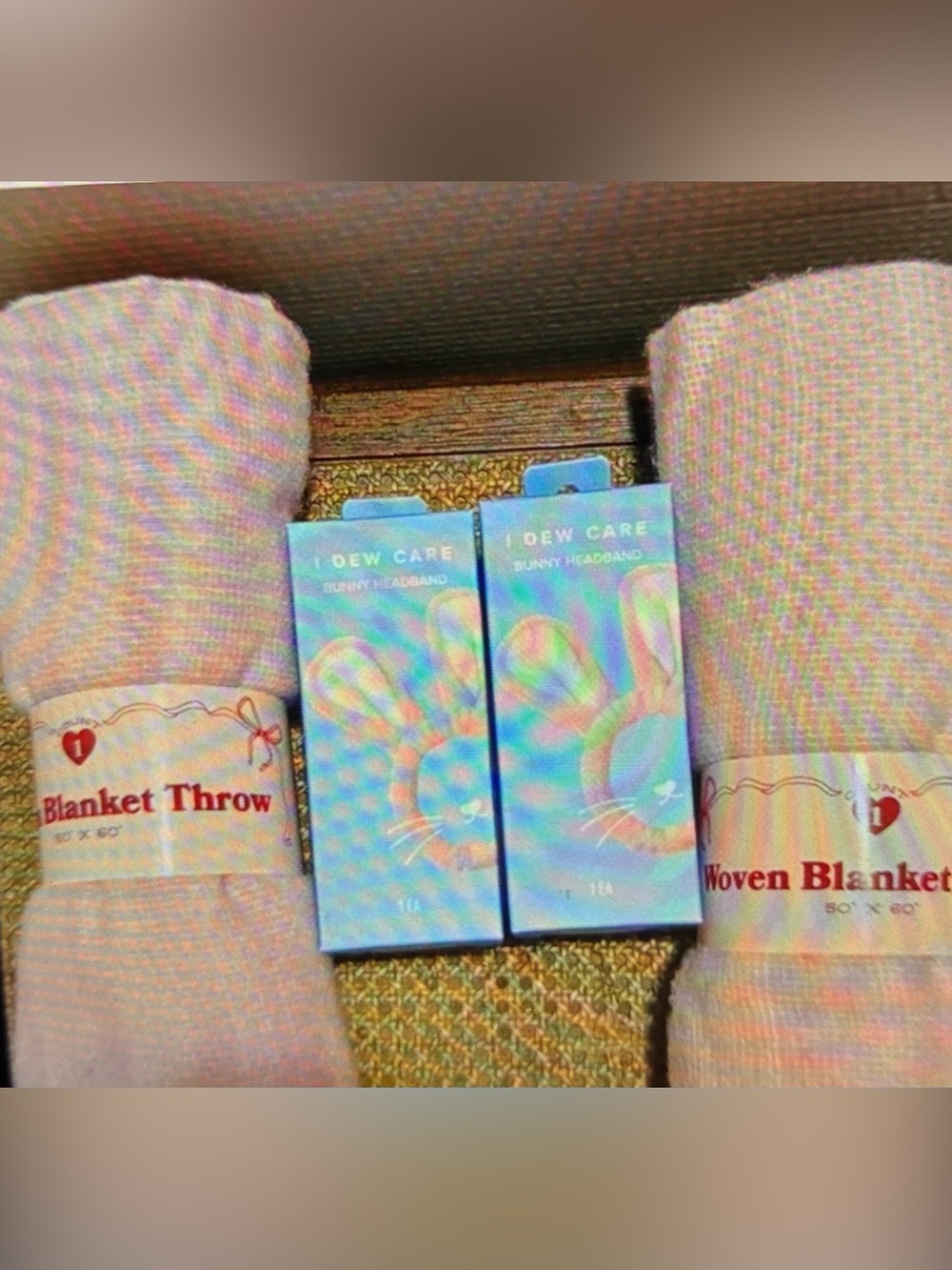 I Dew Care Pink Bunny Headband& Woven Blanket Throw